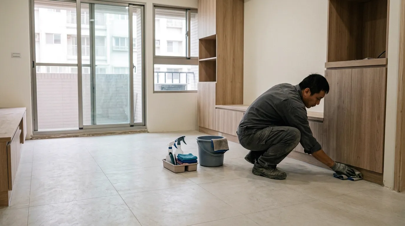清潔後：地面乾淨，工作人員正在擦拭櫃體下緣