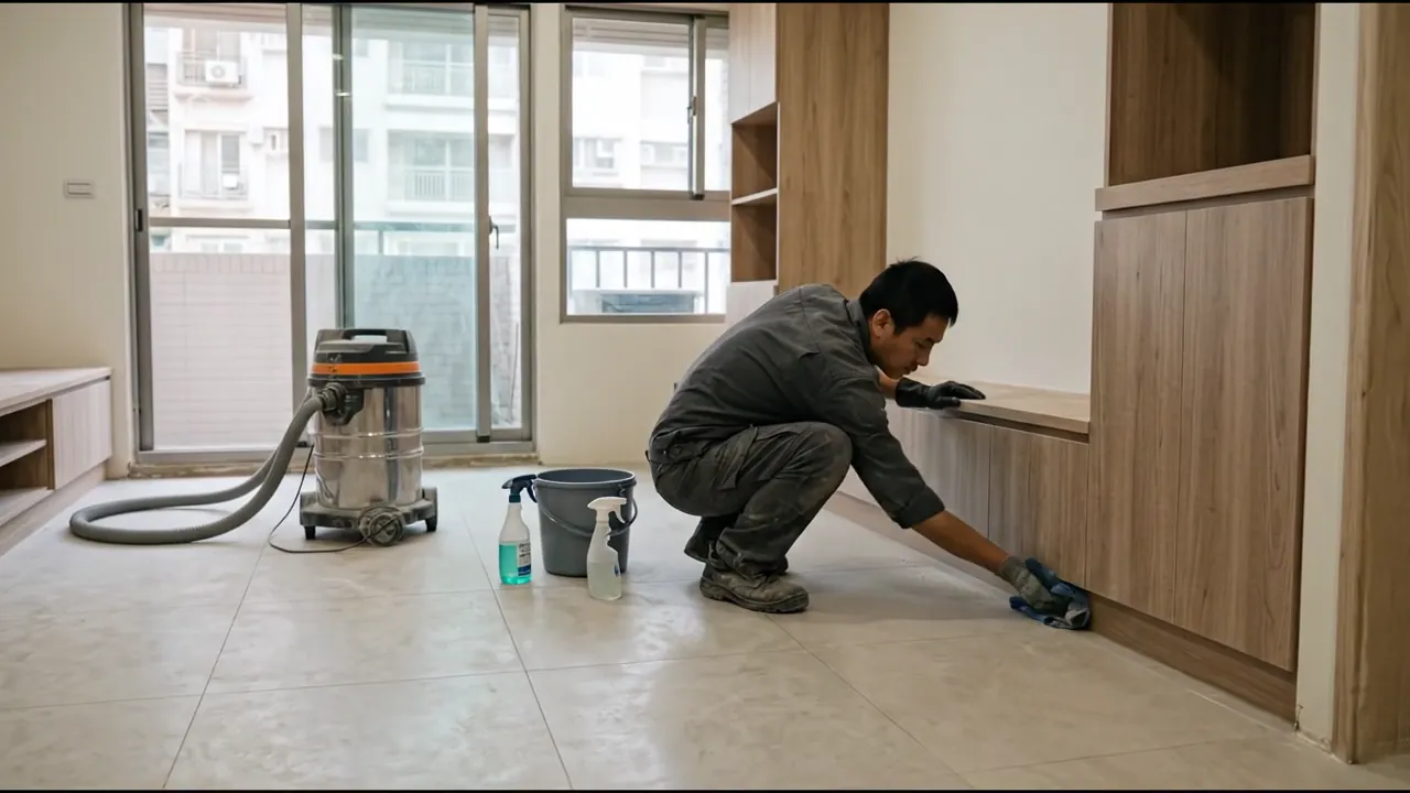 清潔後：地面淨空，正在擦拭踢腳板