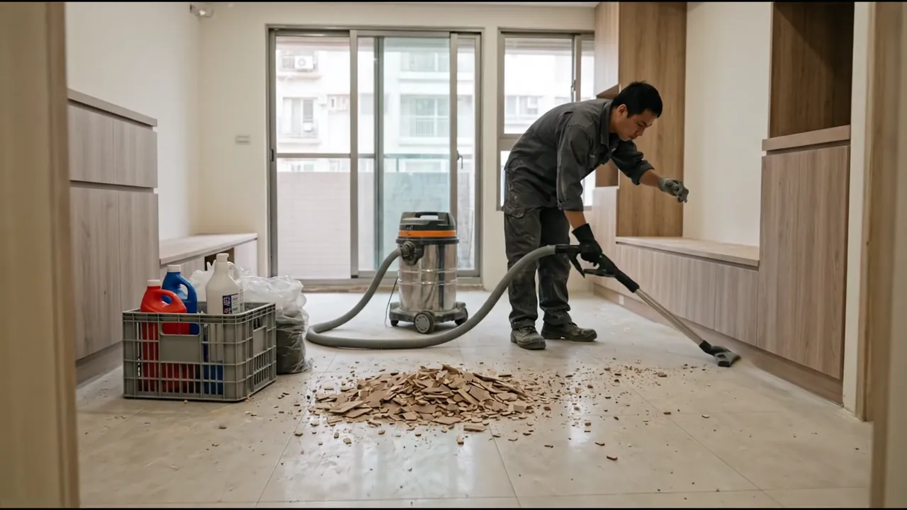 清潔前：地上堆著拆除的磁磚碎片
