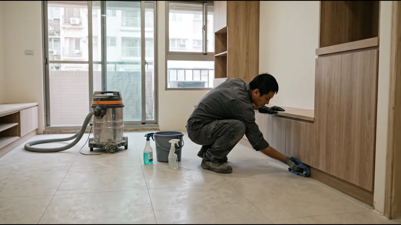 清潔後：地面乾淨，櫃體下緣擦拭中